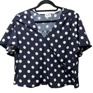 Love Sadie Polka Dot Surplice Blouse Navy Blue White Flutter Sleeve Large